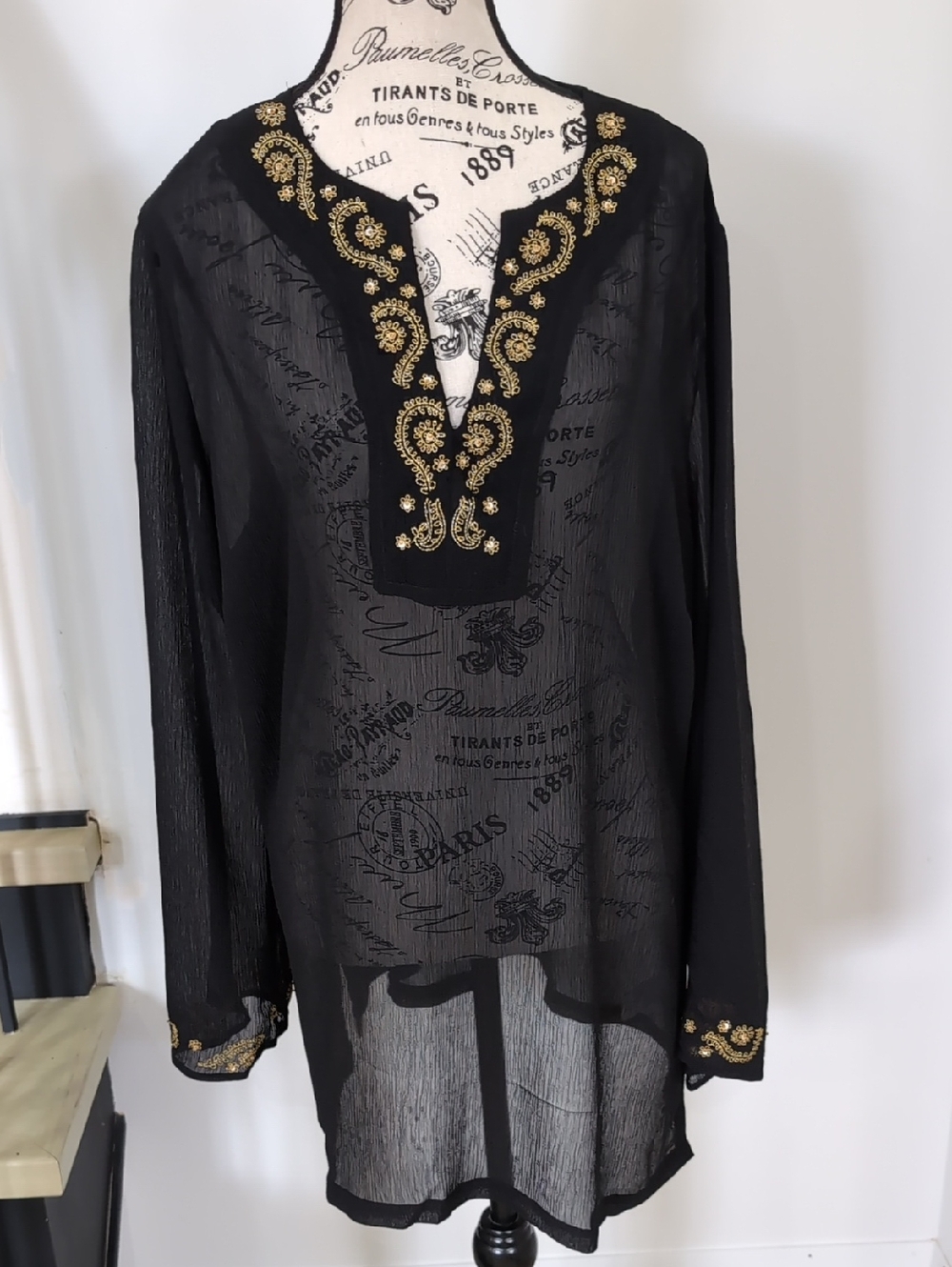 JESSICA | Women's Black w/ Gold Embroidery Sheer Swim V-Neck Coverup